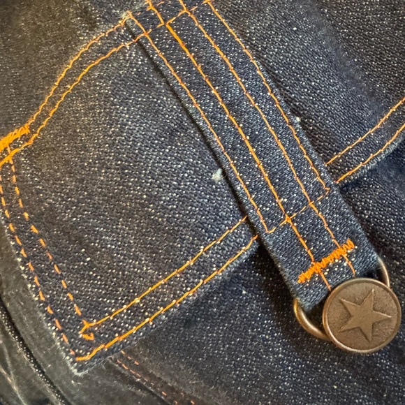 Vintage 70s RARE Longline Denim Jean Jacket Belted Orange Stitching Star Buttons - Picture 6 of 11